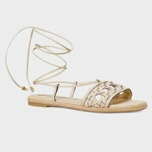 Tory Burch Basketweave Ankle Wrap Lace-Up Espadrille Sandal Almond Size 8.5